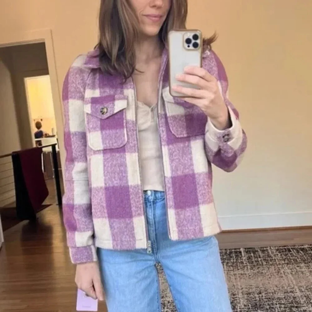 Avec Les Filles Felted Plaid Check Zip Shacket Shirt Jacket Purple Cream Small